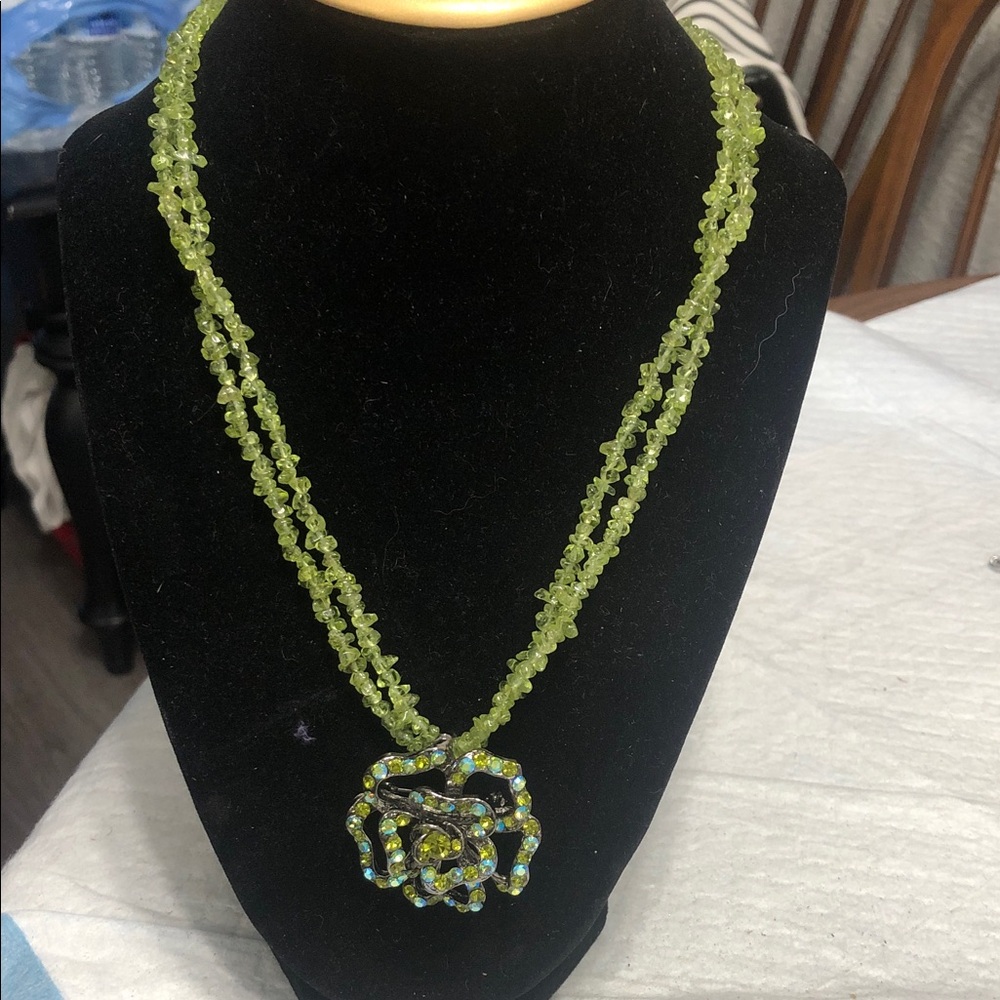 Double-Strand Lime Green Beaded Necklace with Crystal Rosette Pendant